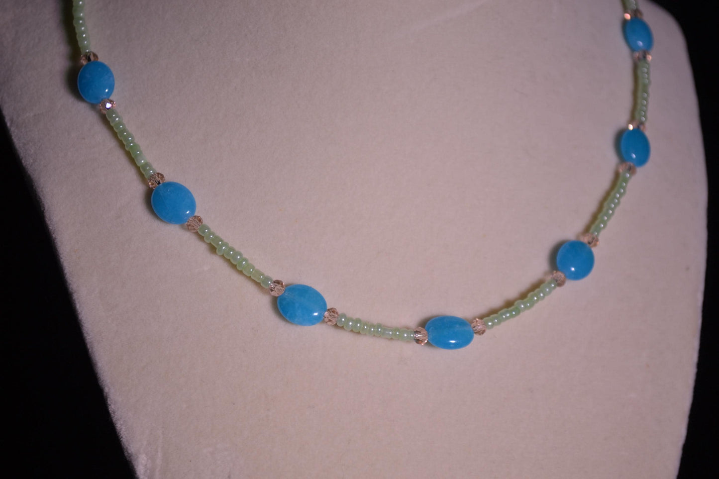 Blue and green glass bead necklace