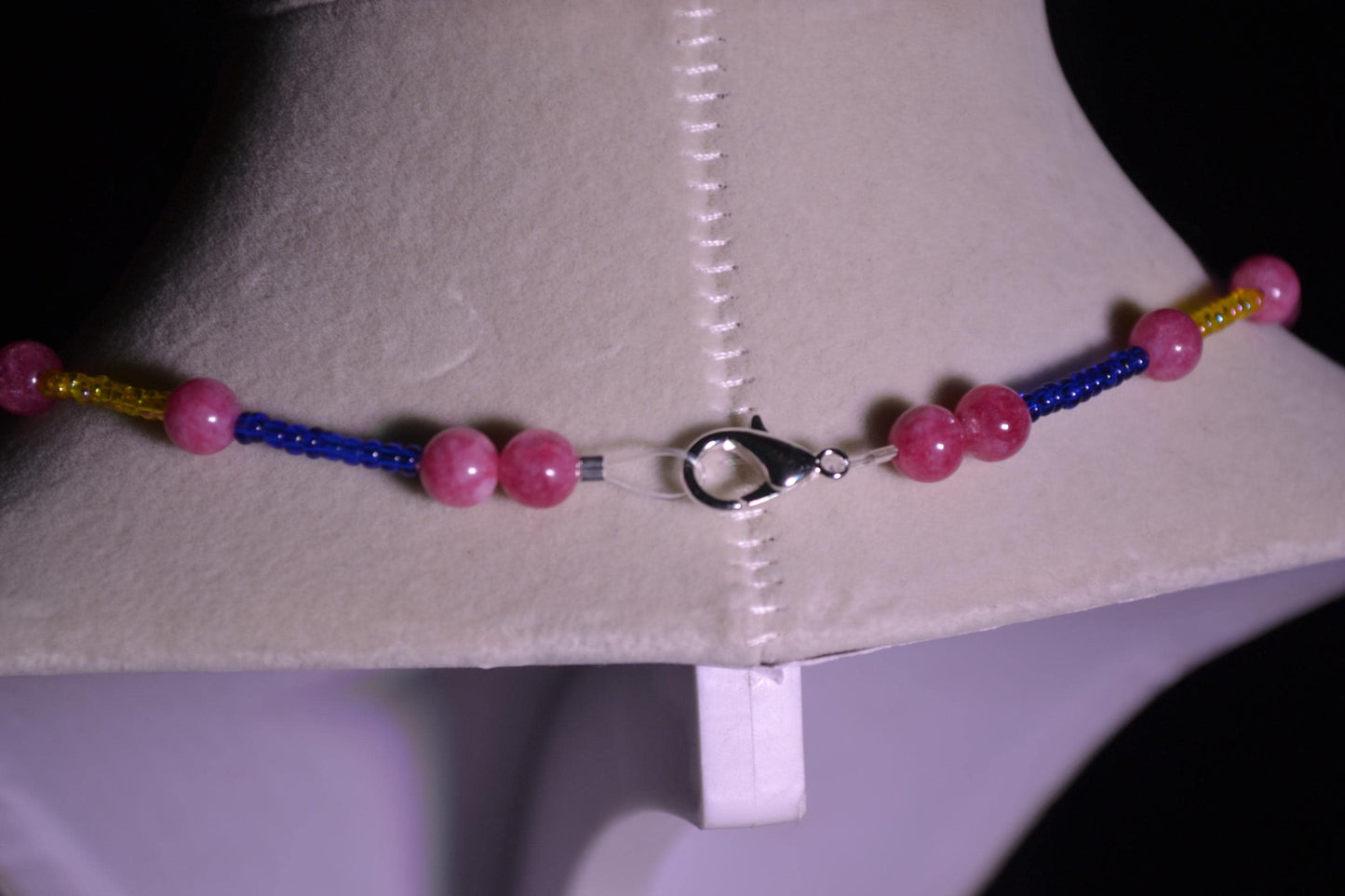 Yellow, blue, and pink glass bead necklace