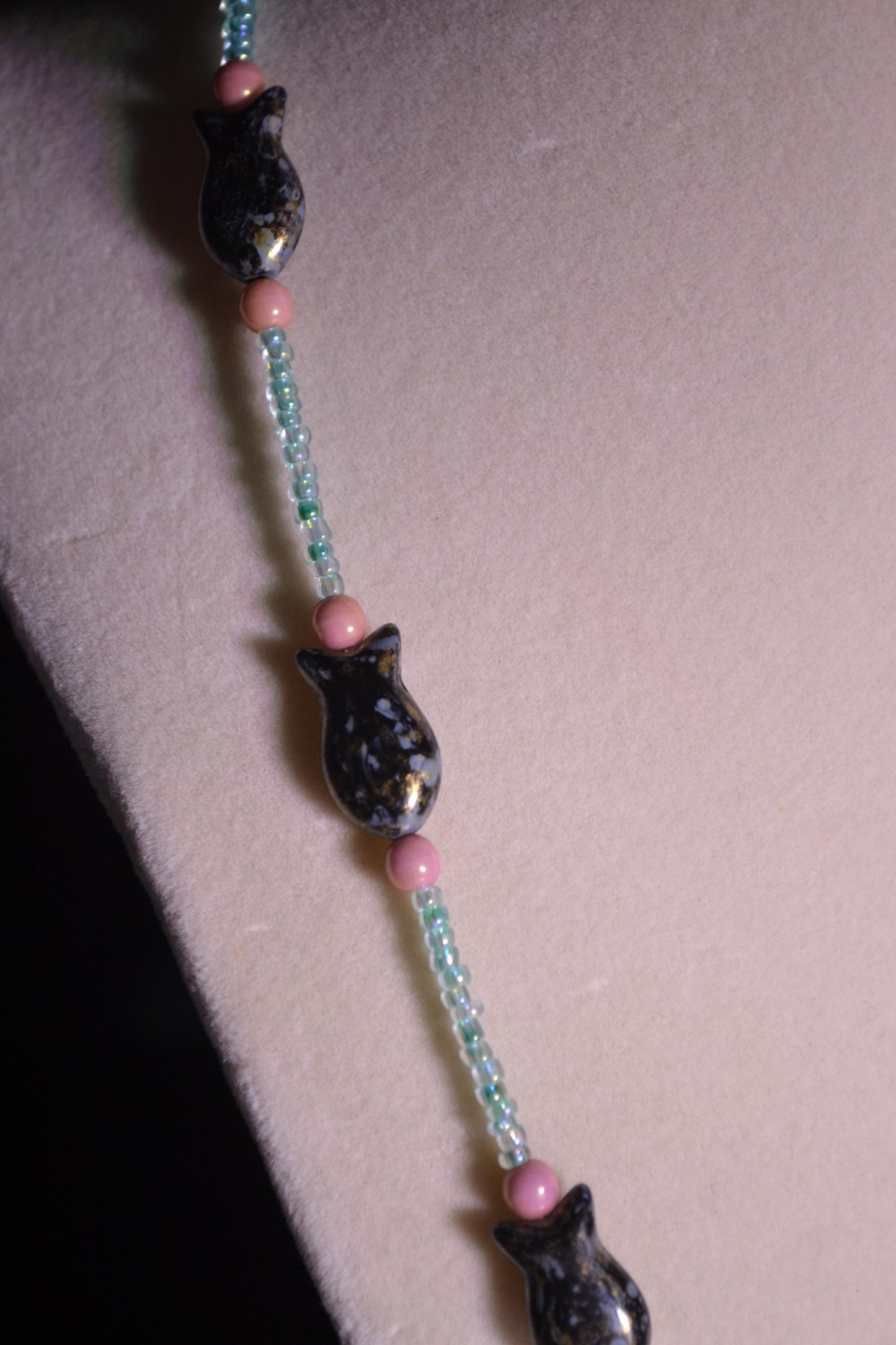 Beaded fish necklace. Blue, pink, and fish beads