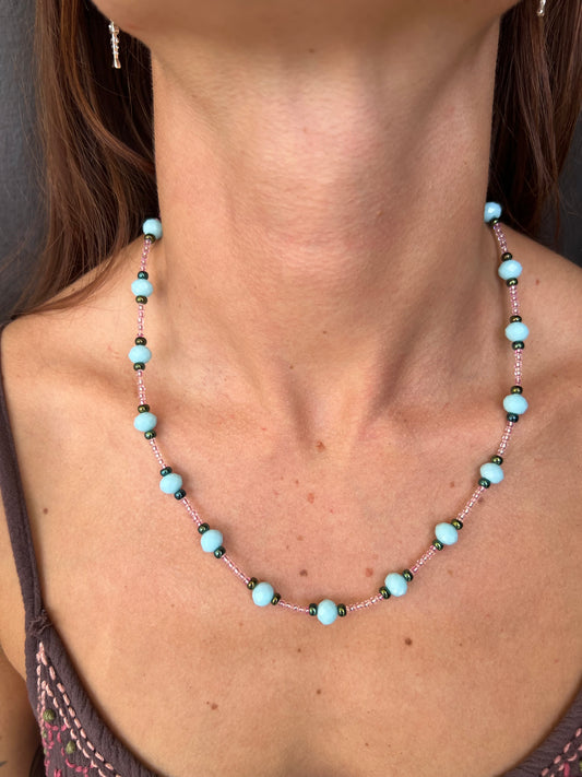 Blue and pink glass beaded neacklace