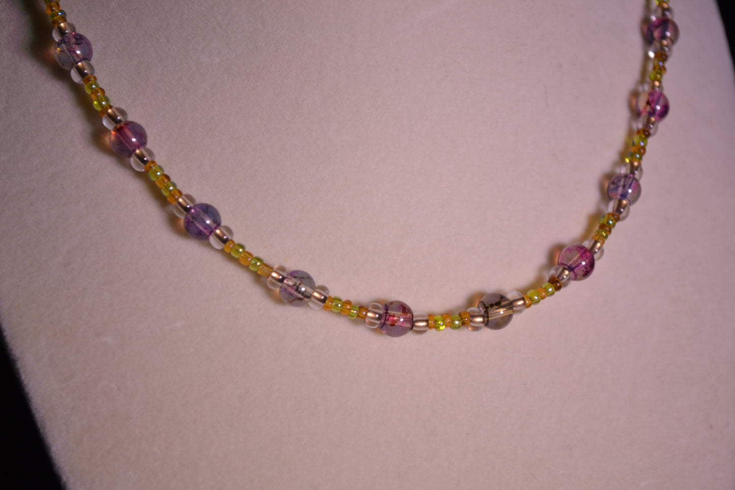 Purple and yellow glass bead necklace