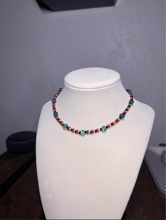 Red and blue glass bead choker