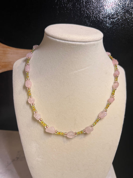 Pink and green glass bead necklace