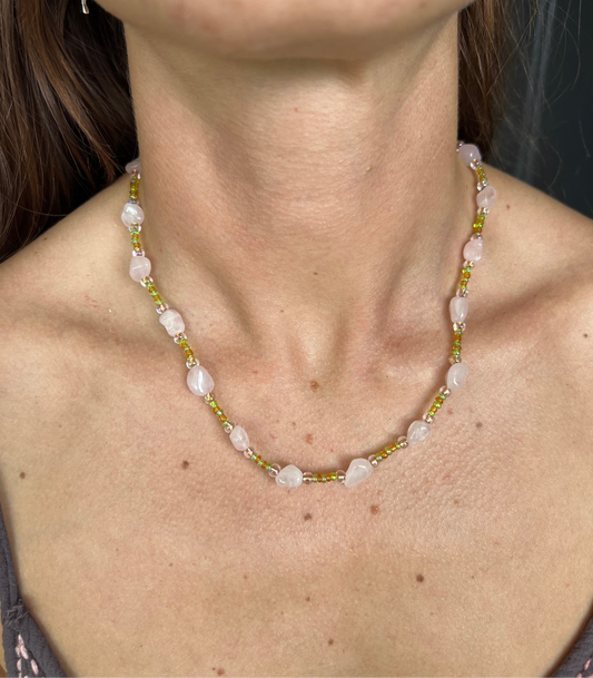 Pink and green glass bead necklace
