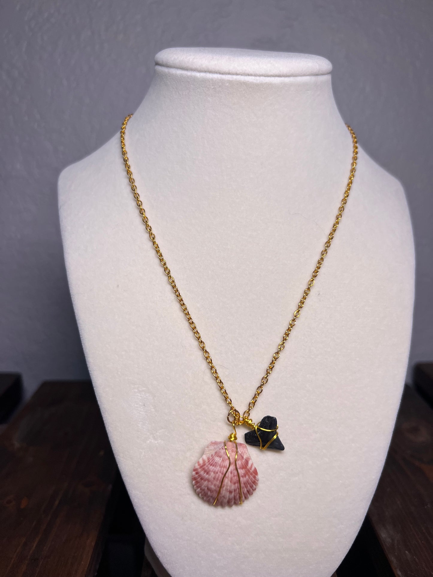 Wire wrapped sea shell & sharks tooth necklace