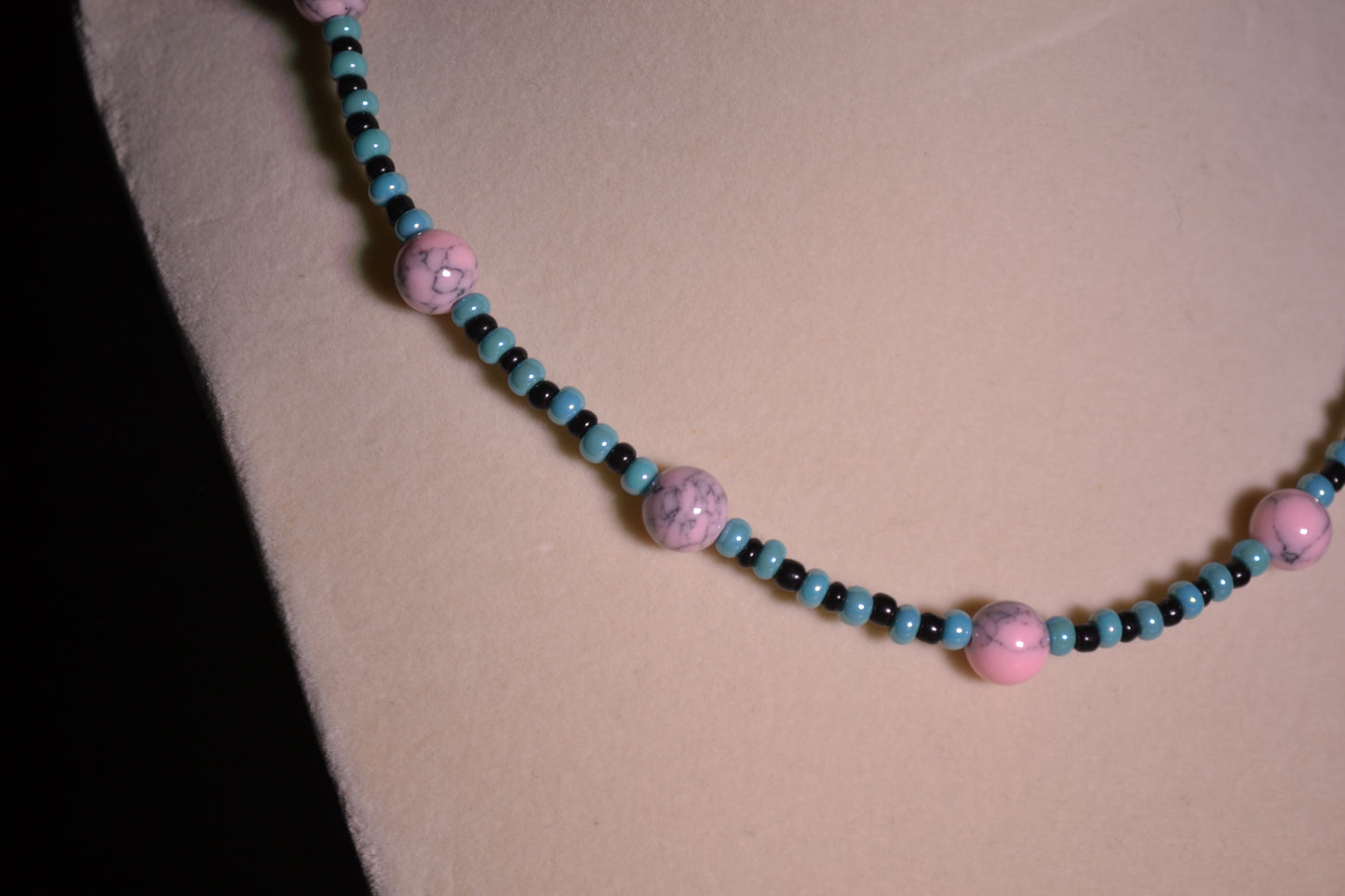 Pink and blue beaded necklace