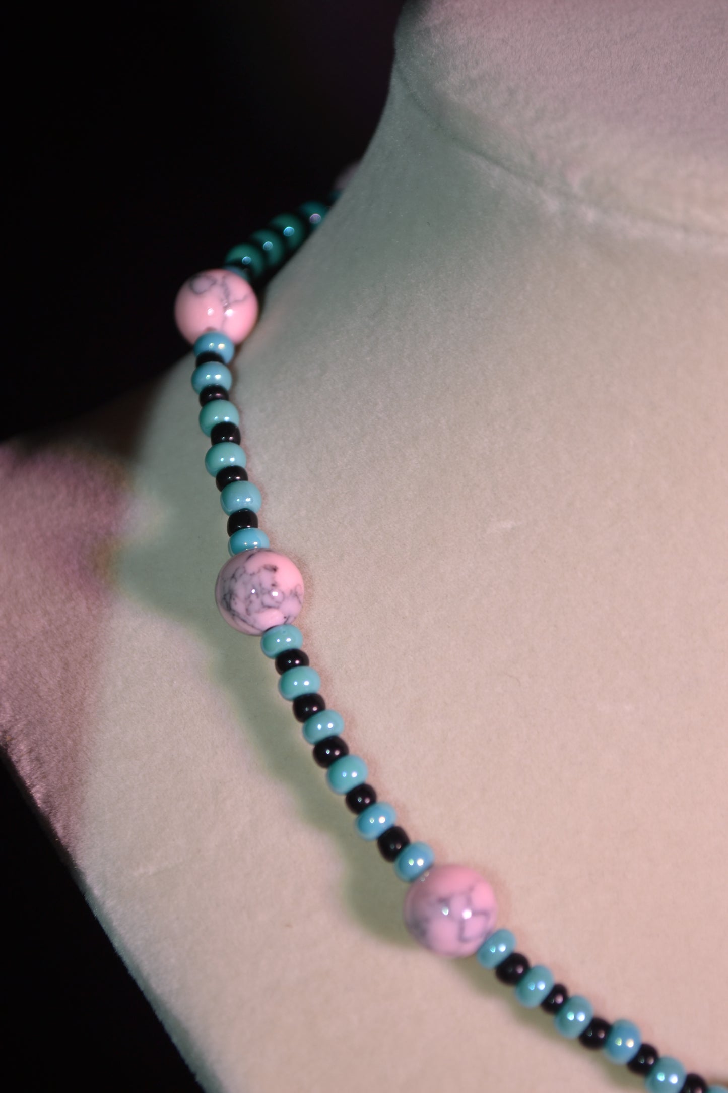 Pink and blue beaded necklace