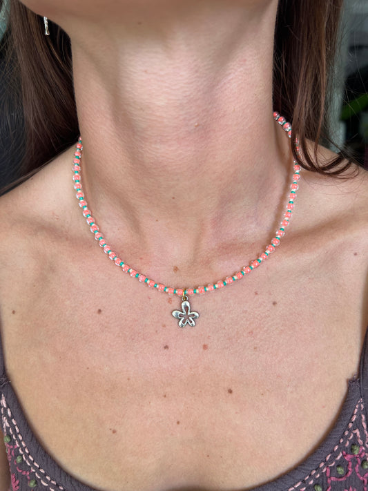 Coral & Blue Flower beaded necklace