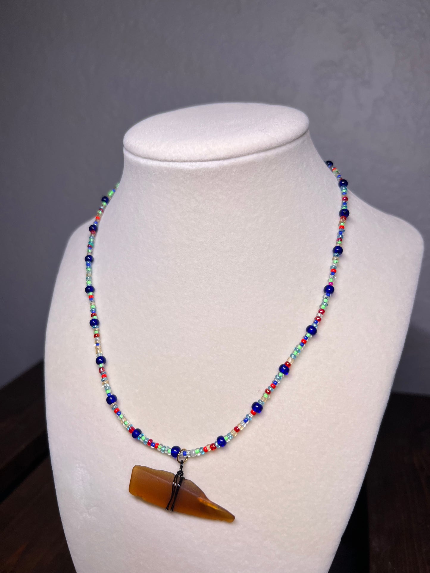 Multi color glass bead necklace & wire wrapped sea glass pendant