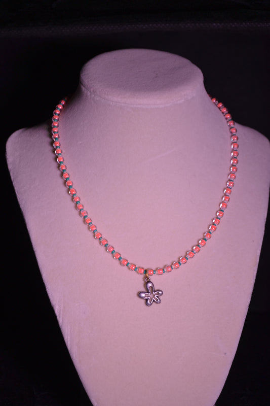 Coral & Blue Flower beaded necklace