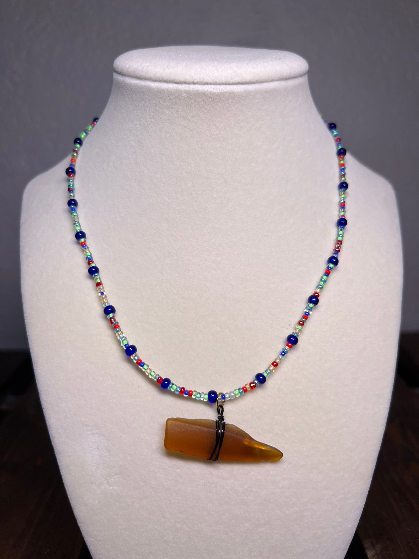 Multi color glass bead necklace & wire wrapped sea glass pendant