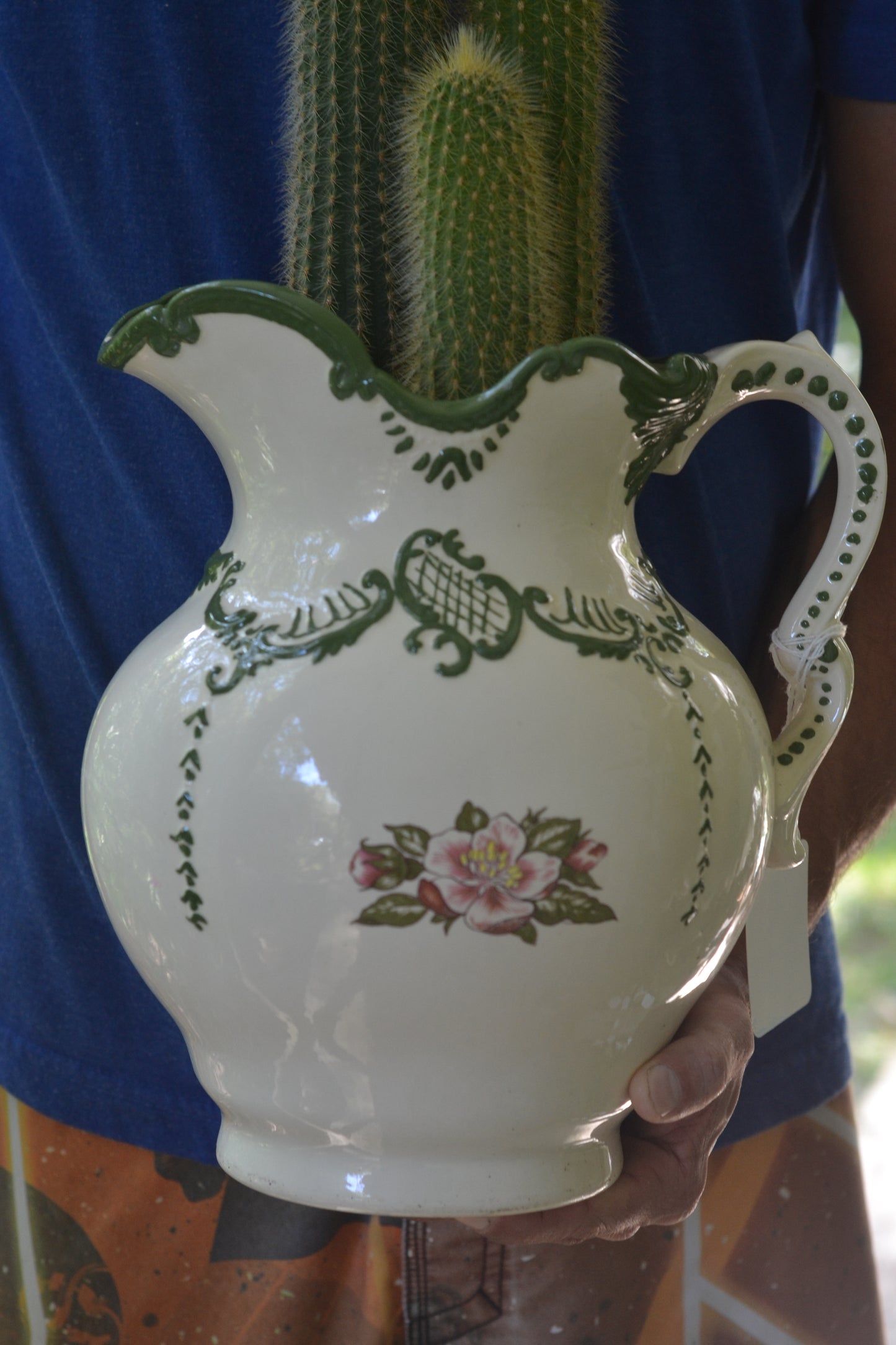 Vintage pitcher planter. Golden snake cacti