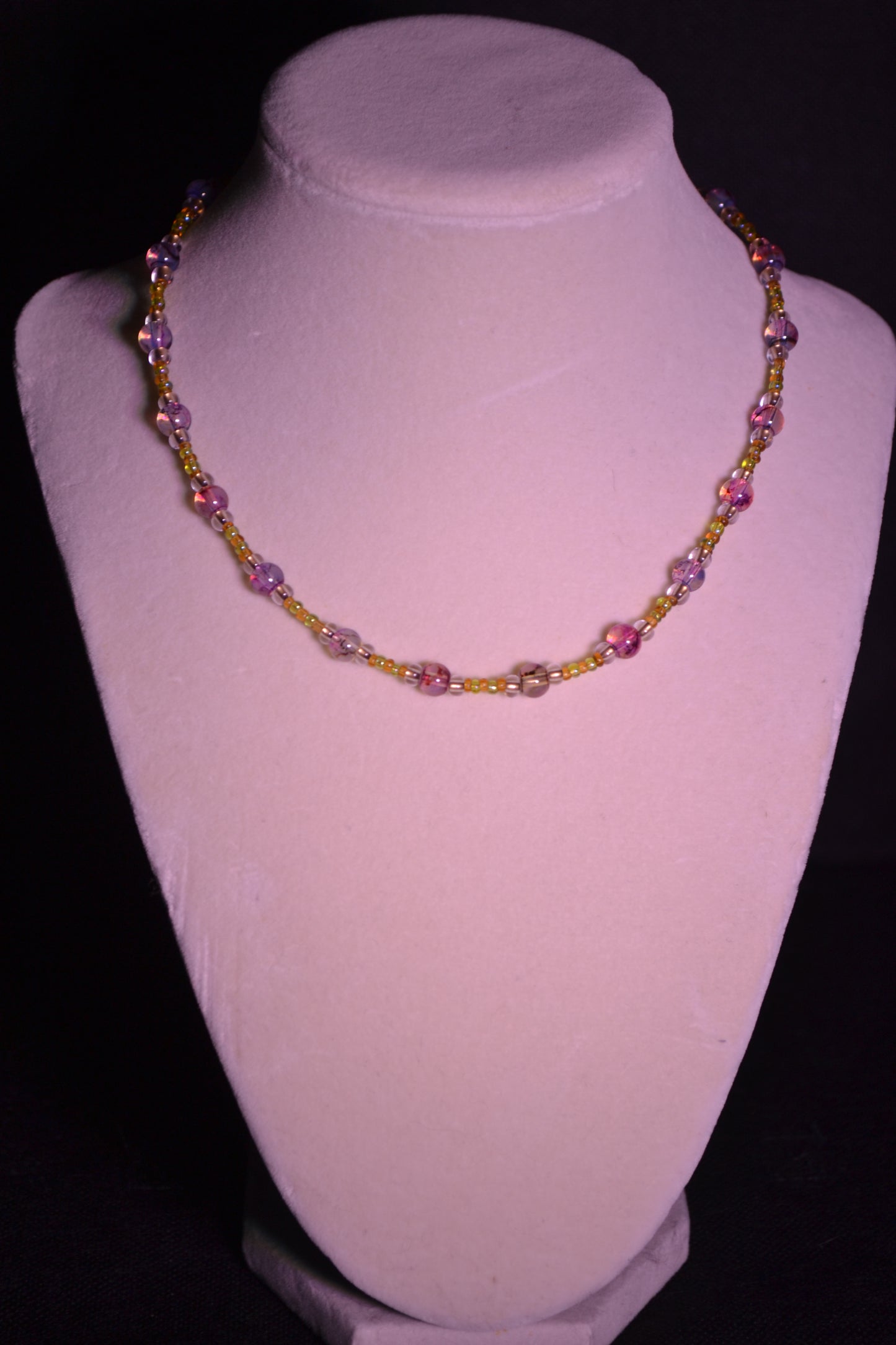 Purple and yellow glass bead necklace
