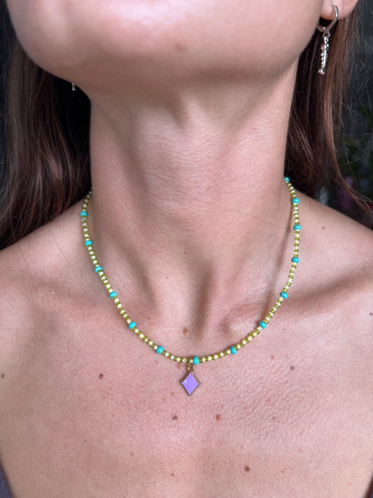Diamond pendant glass bead necklace