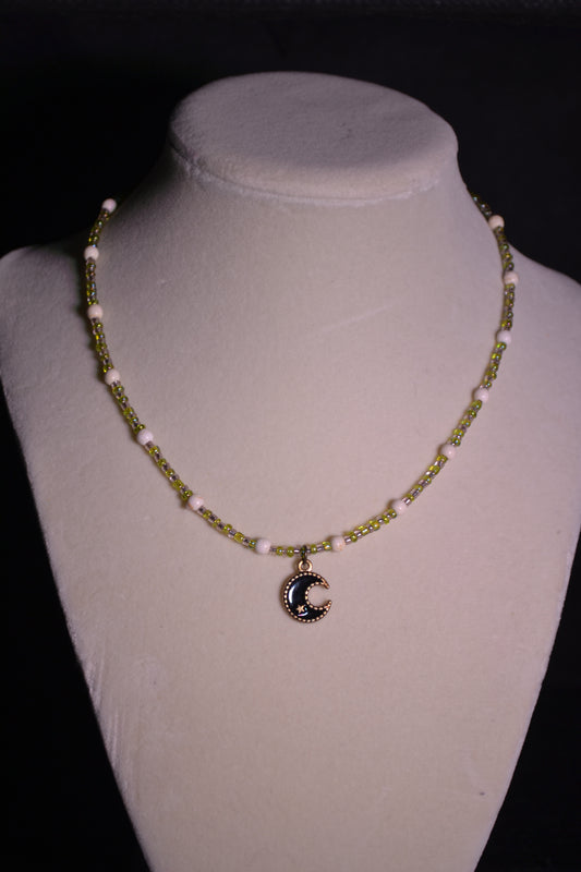 Moon pendant glass bead choker