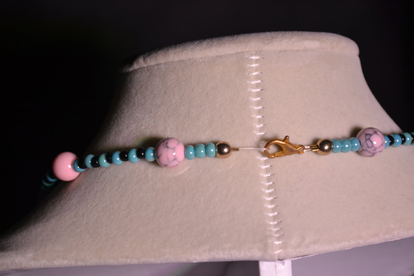 Pink and blue beaded necklace