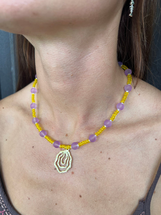 Yellow and purple beaded necklace