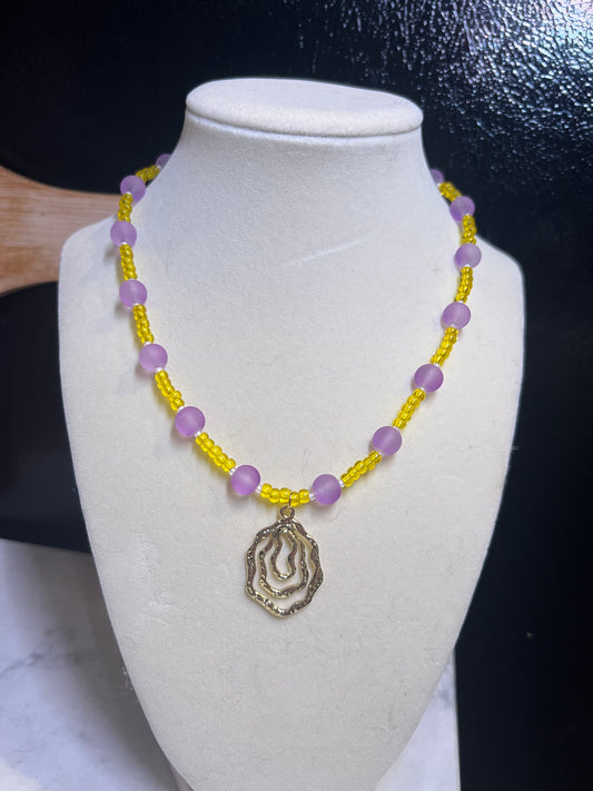Yellow and purple beaded necklace
