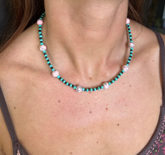 Pink and blue beaded necklace