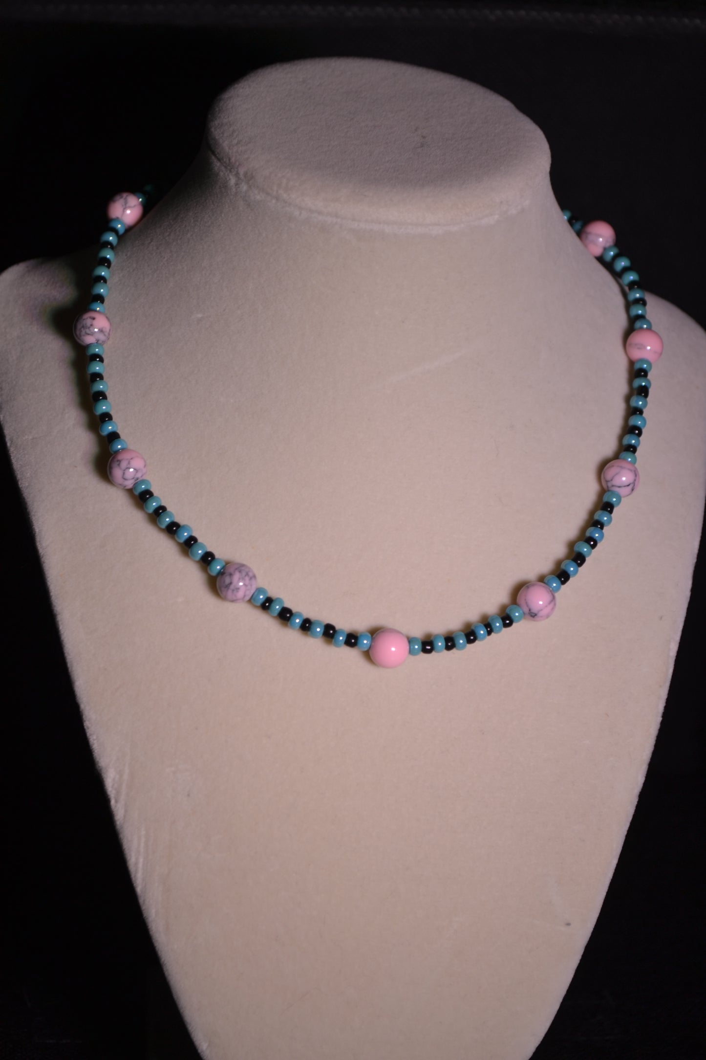 Pink and blue beaded necklace