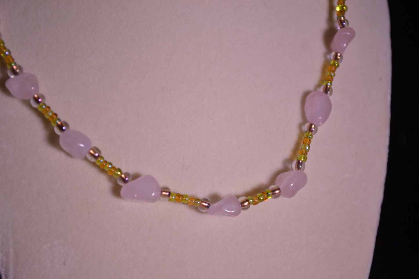 Pink and green glass bead necklace