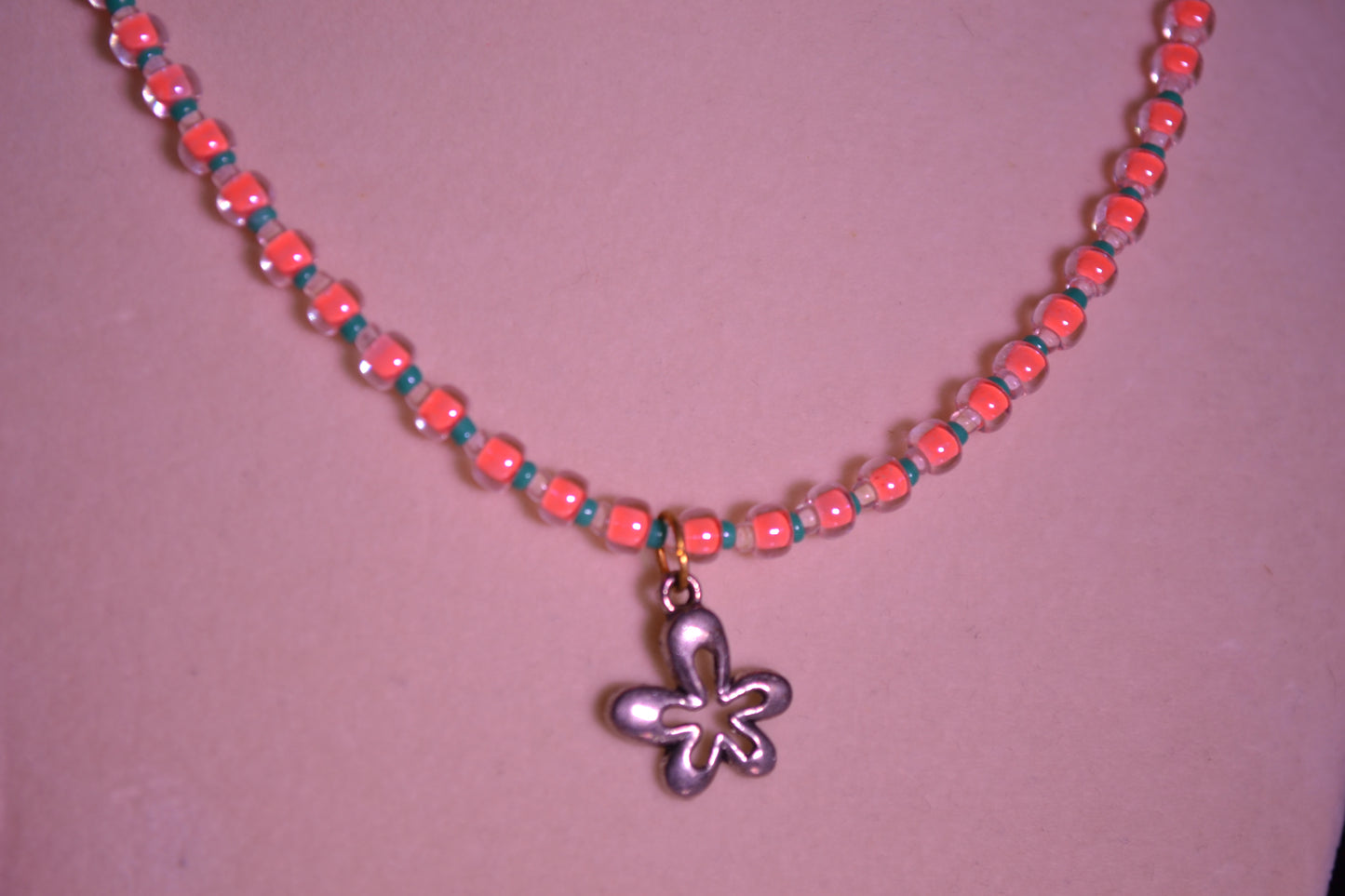 Coral & Blue Flower beaded necklace