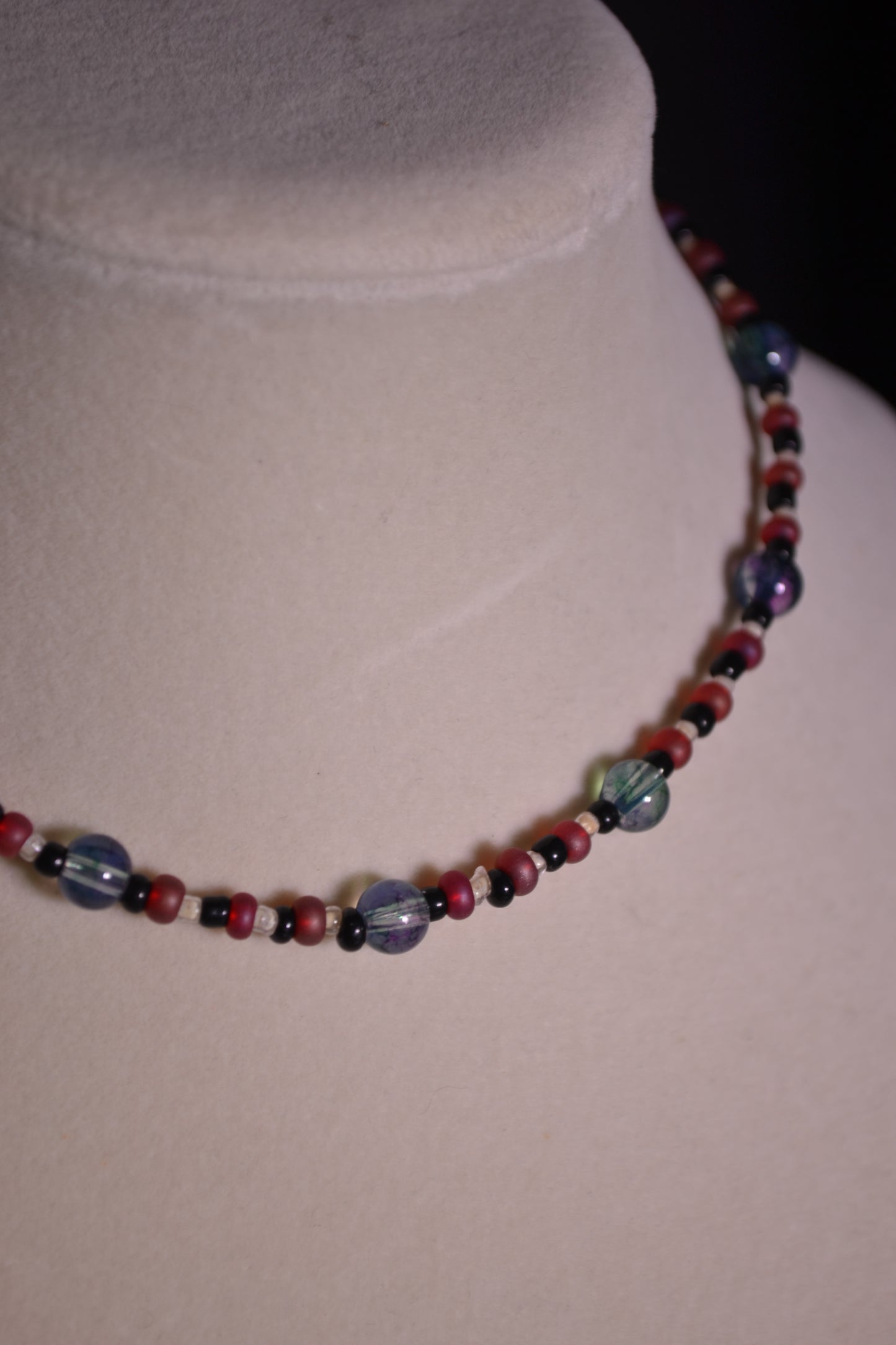 Red and blue glass bead choker