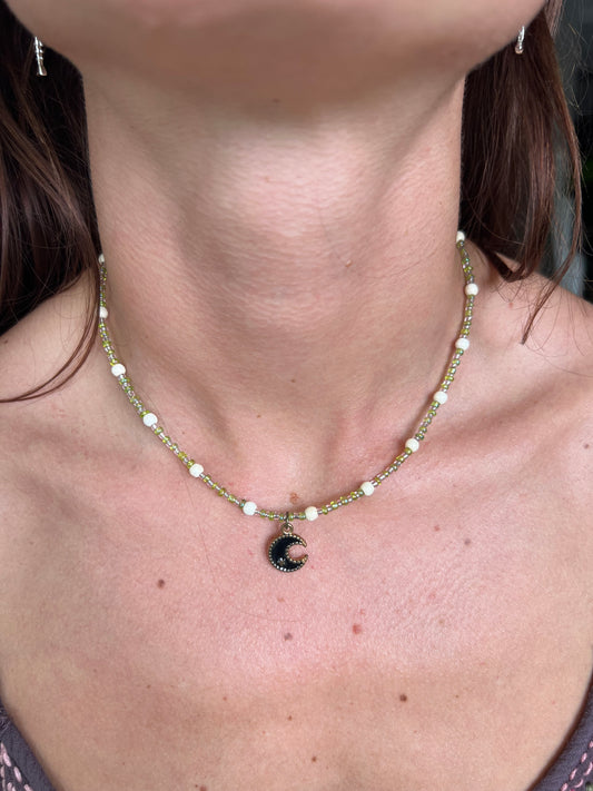 Moon pendant glass bead choker