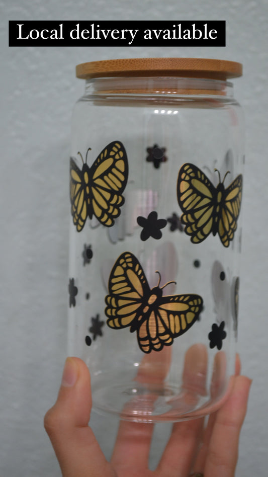 Gold butterflies & flowers glass can