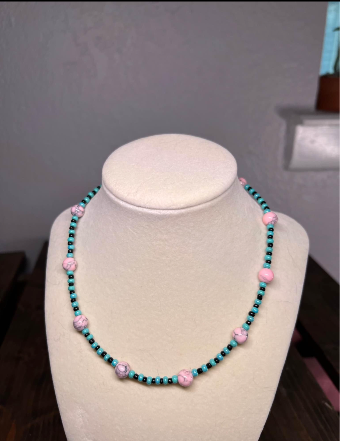 Pink and blue beaded necklace