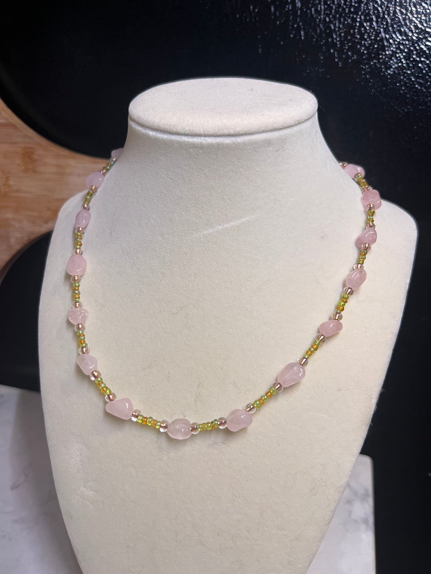 Pink and green glass bead necklace