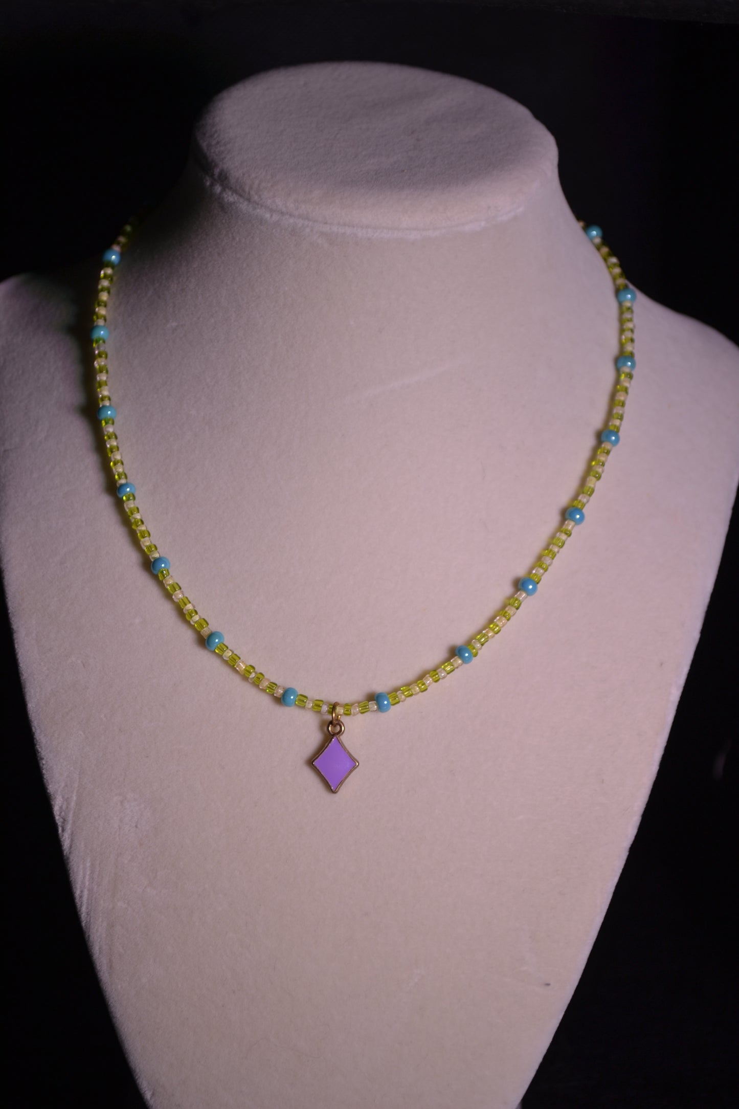 Diamond pendant glass bead necklace