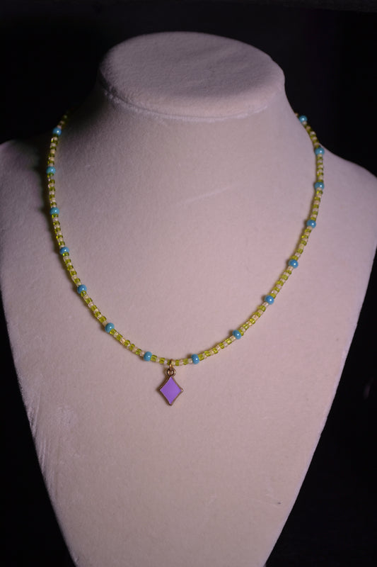 Diamond pendant glass bead necklace