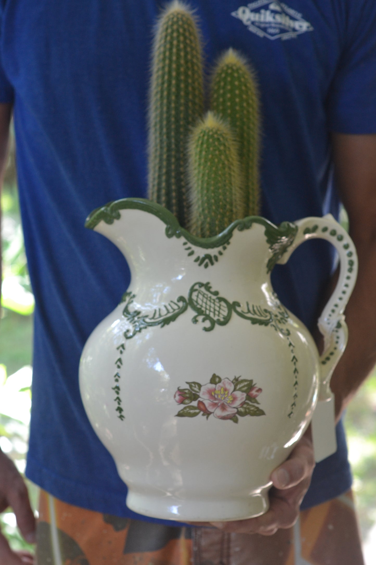 Vintage pitcher planter. Golden snake cacti