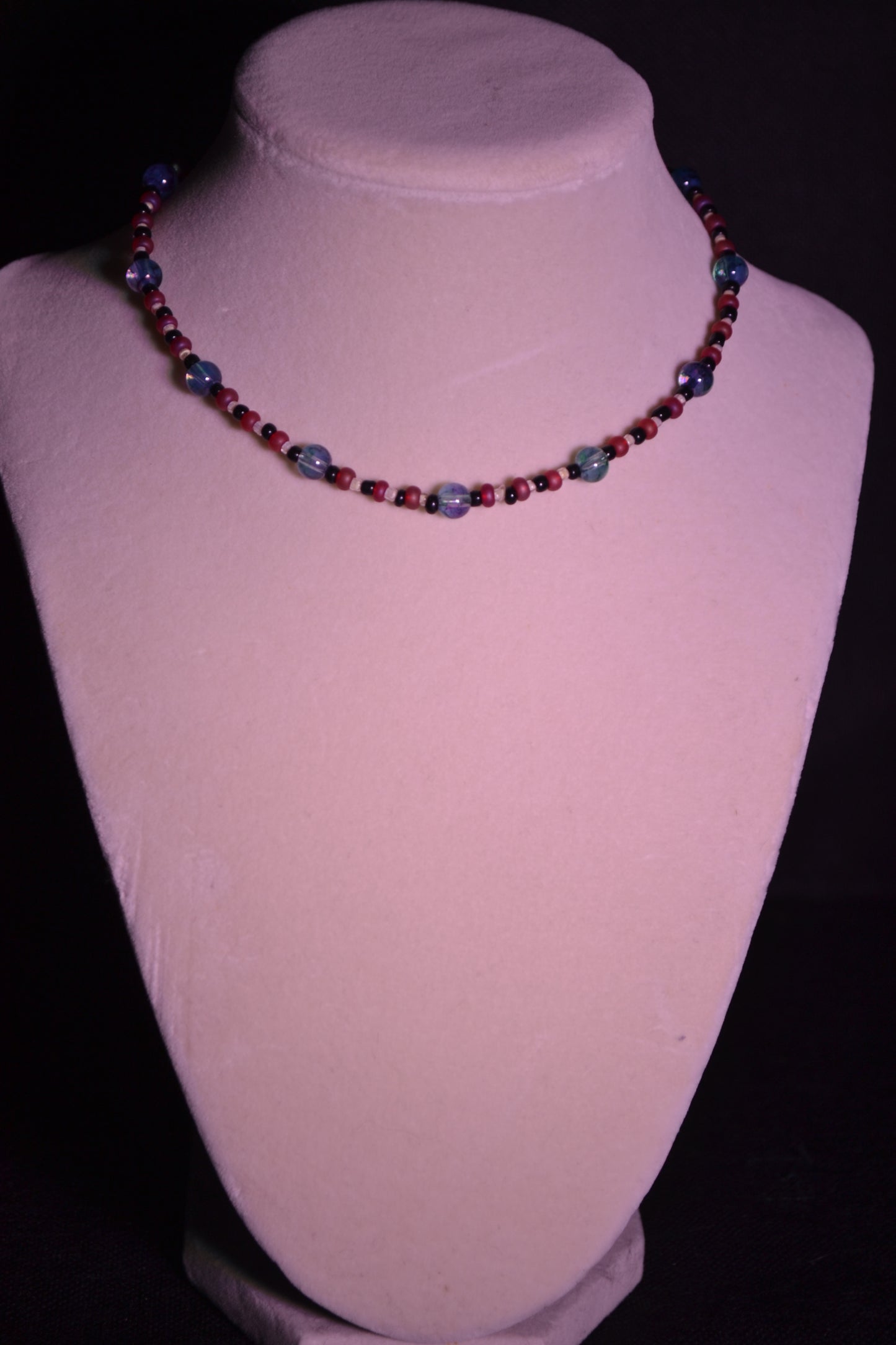 Red and blue glass bead choker