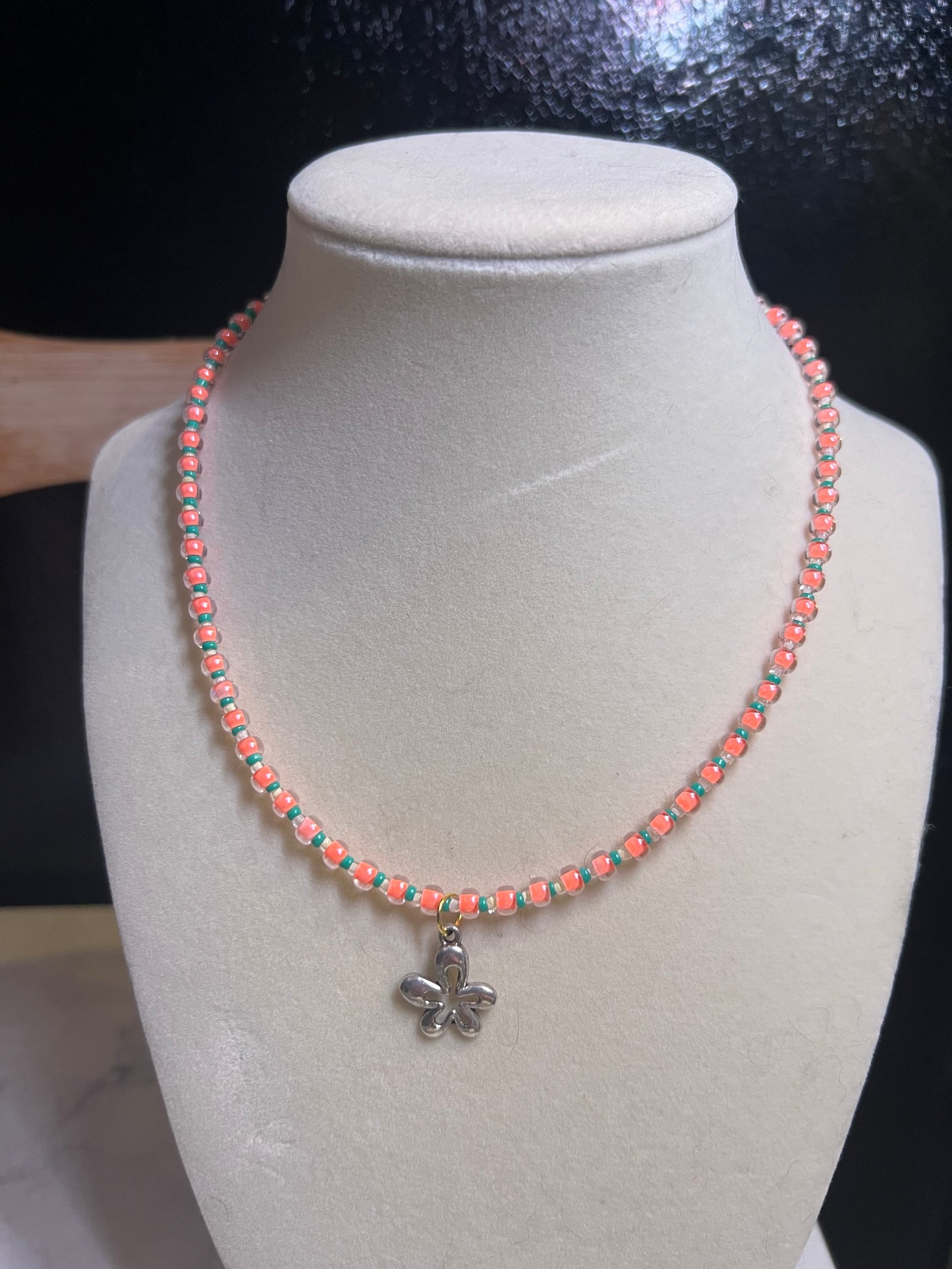 Coral & Blue Flower beaded necklace