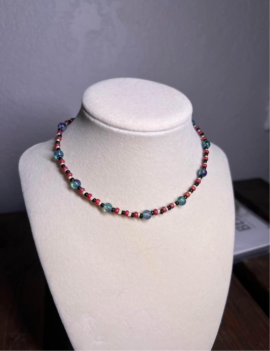 Red and blue glass bead choker