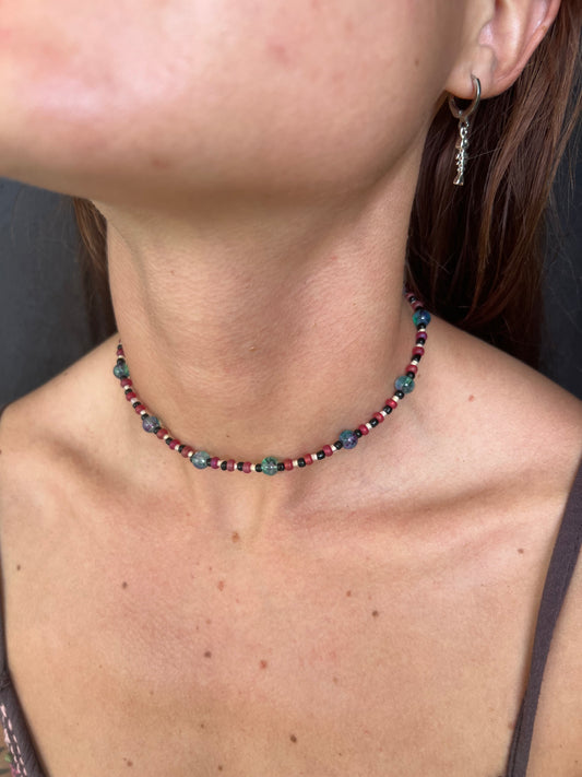 Red and blue glass bead choker
