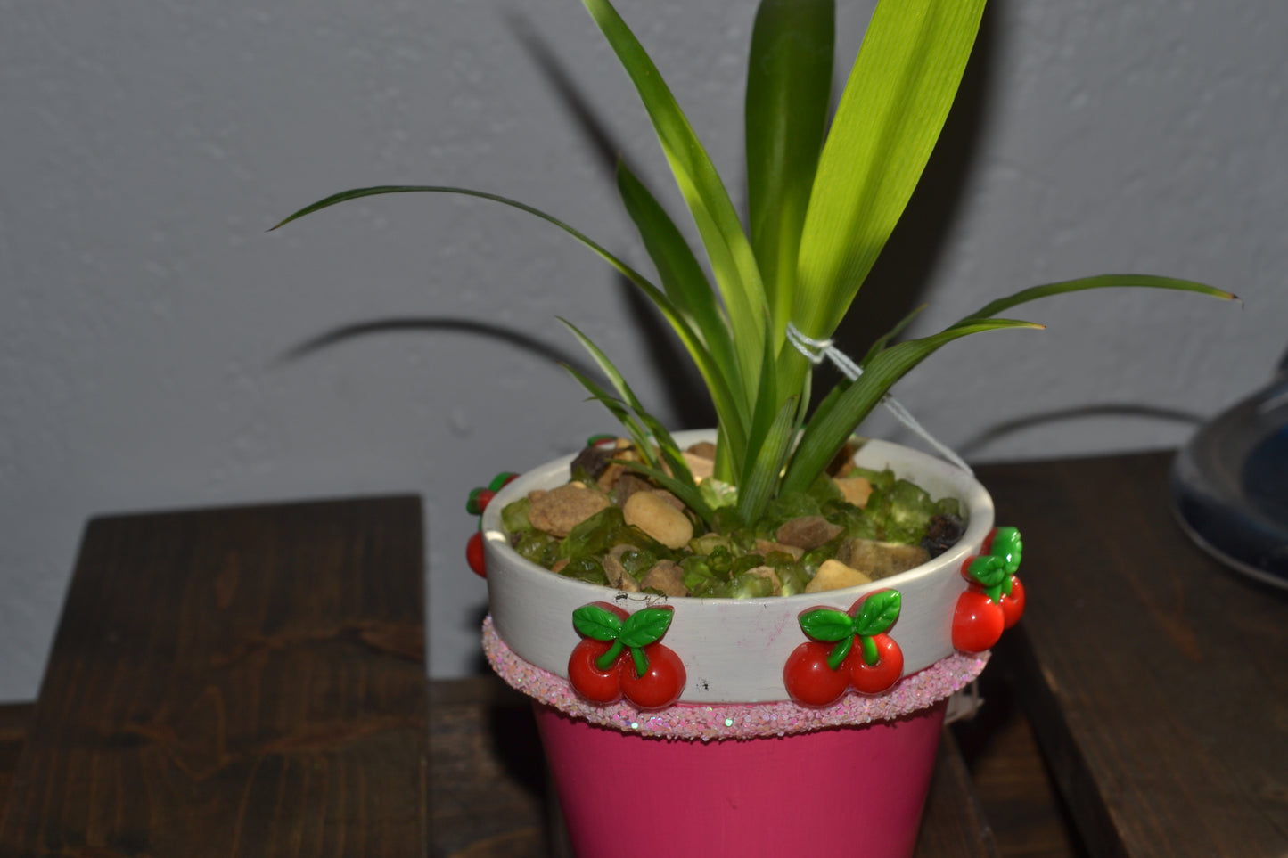 Handmade 4” cherry planter. Spider plant “green”