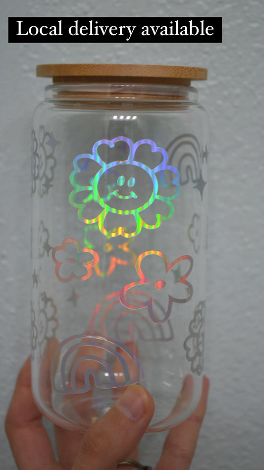 Flowers & Rainbows Holographic Glass Can