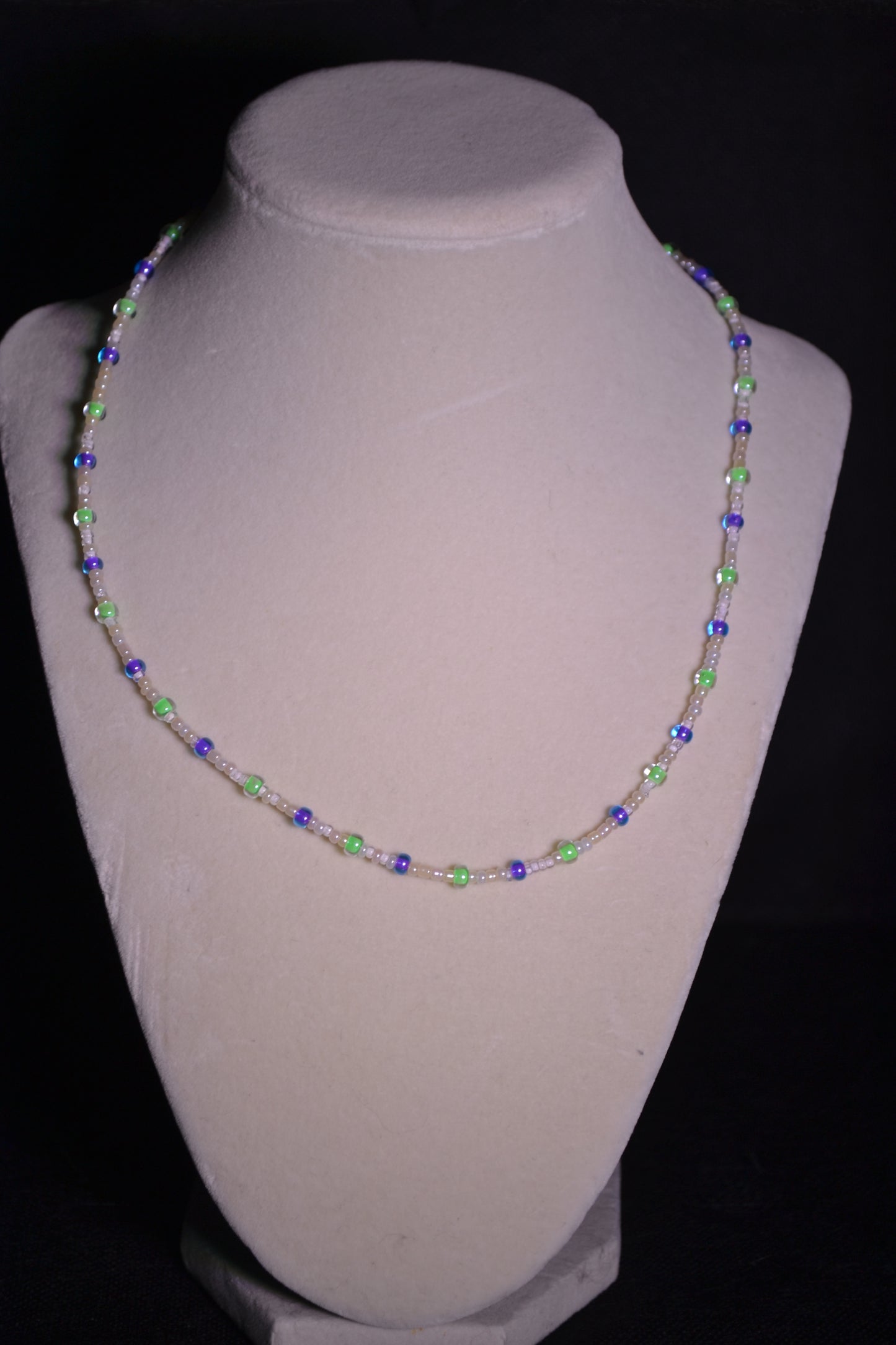 Purple and green glass bead necklace