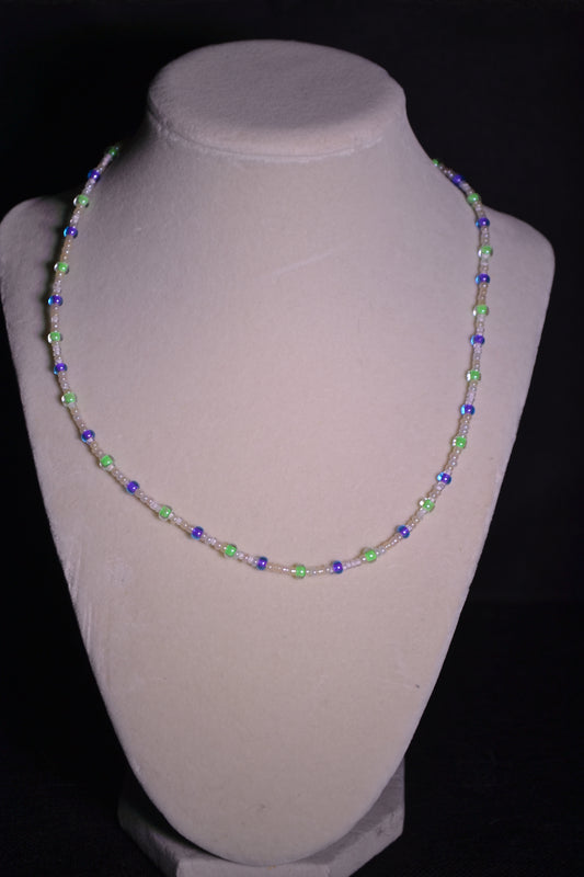 Purple and green glass bead necklace