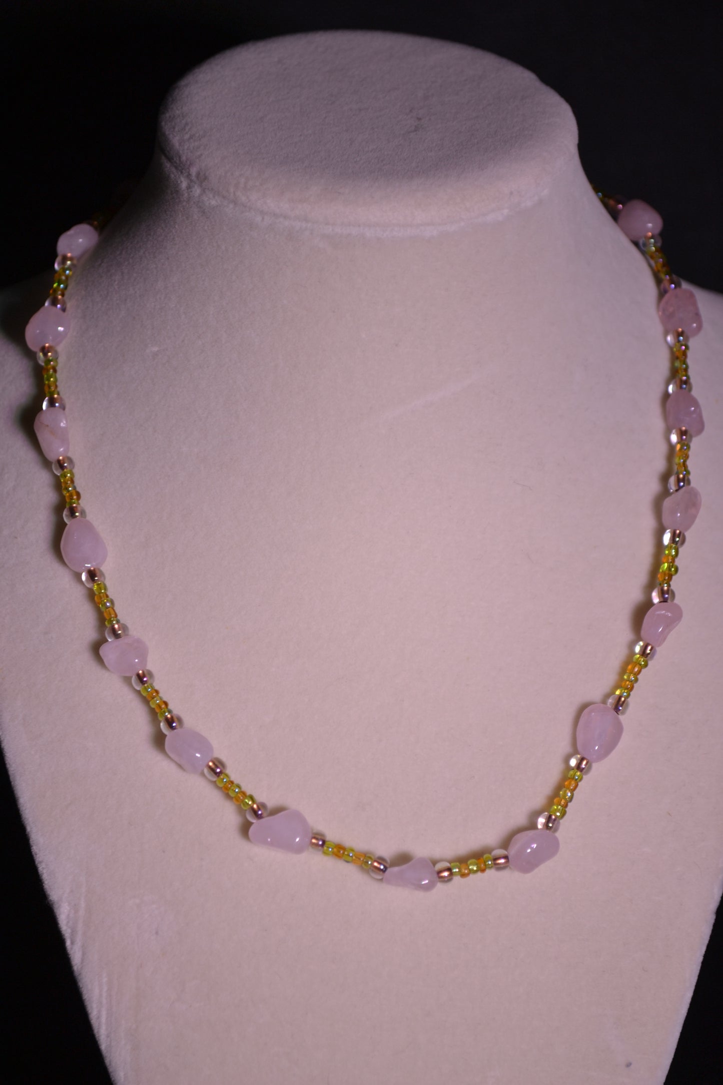 Pink and green glass bead necklace