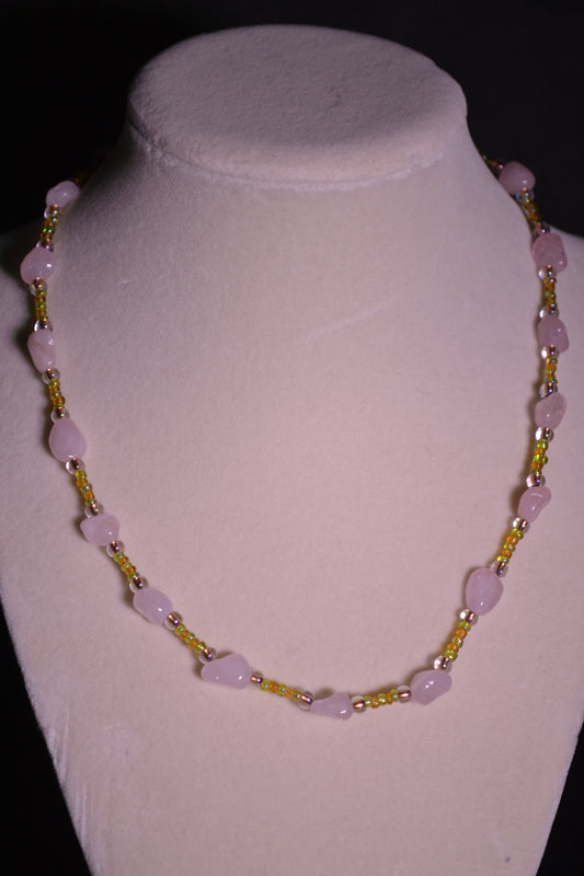 Pink and green glass bead necklace