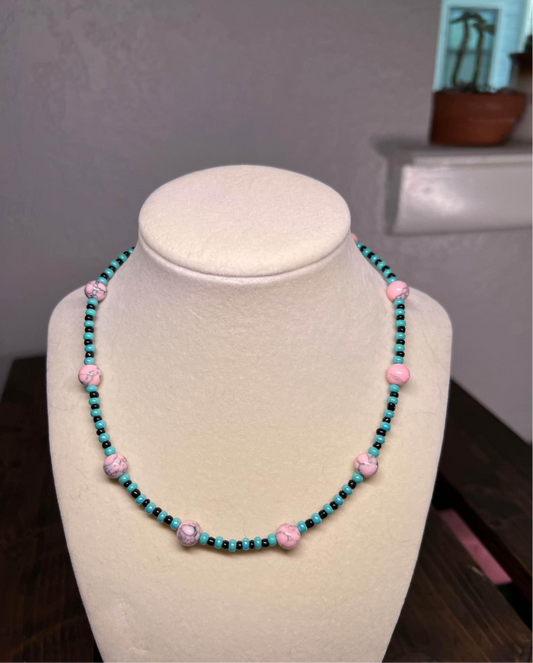 Pink and blue beaded necklace