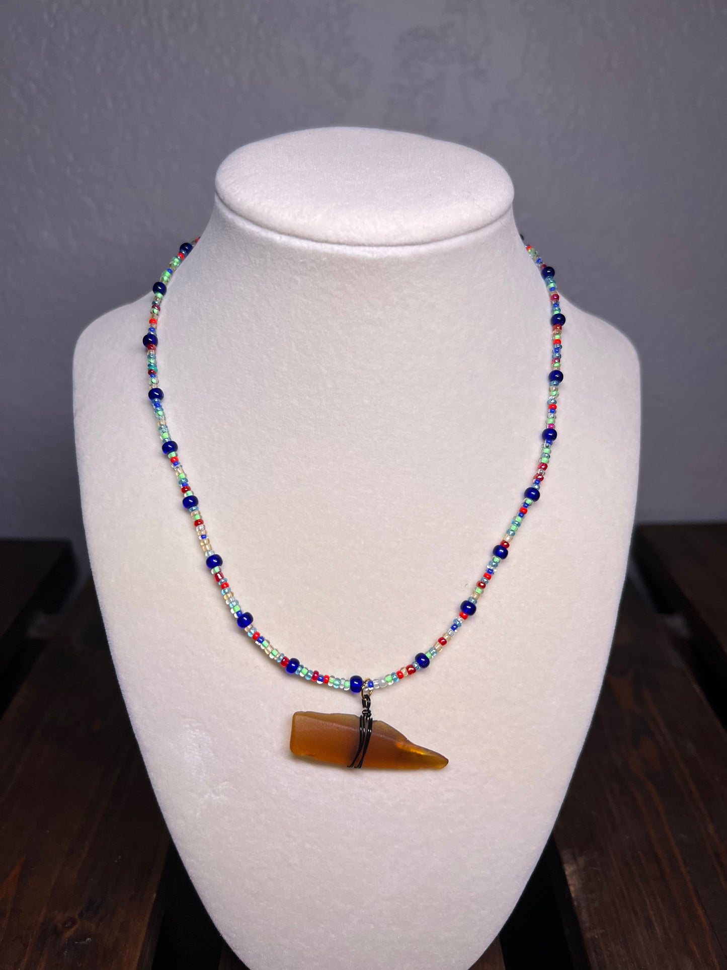 Multi color glass bead necklace & wire wrapped sea glass pendant