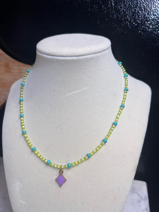 Diamond pendant glass bead necklace