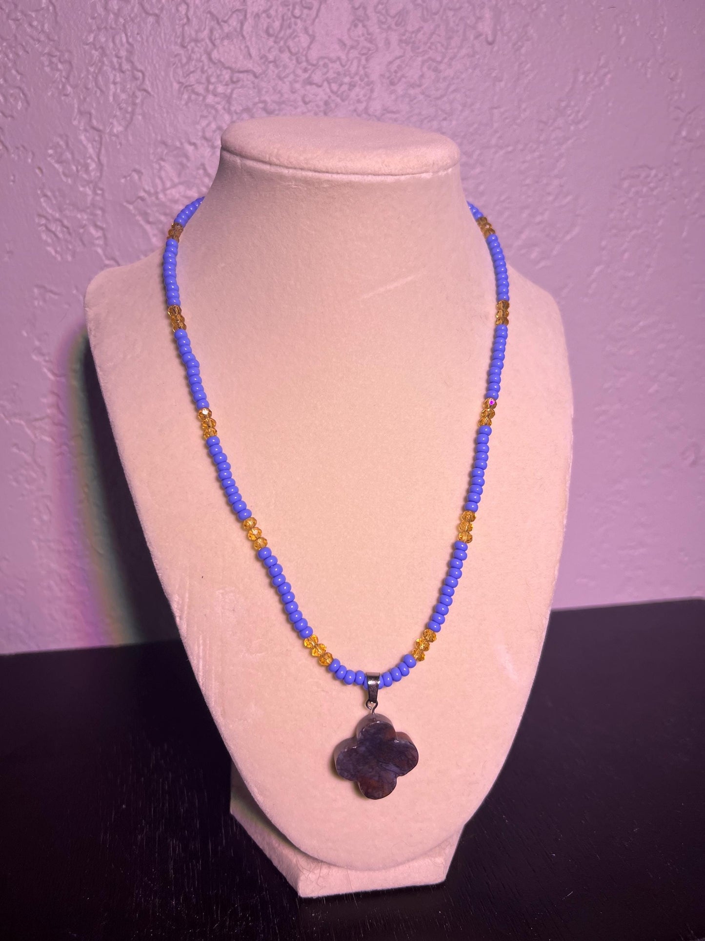 Multicolor glass bead necklace. Periwinkle and topaz.