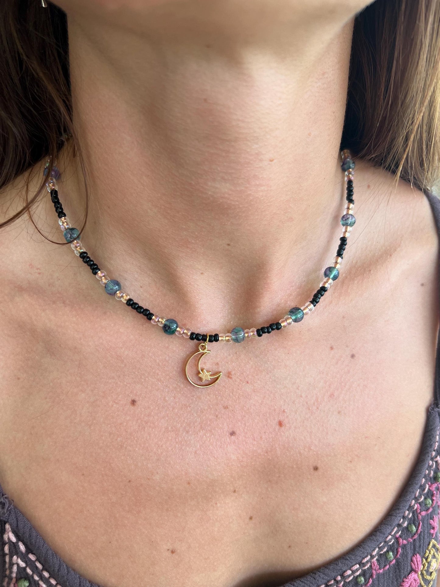 Moon pendant glass bead choker