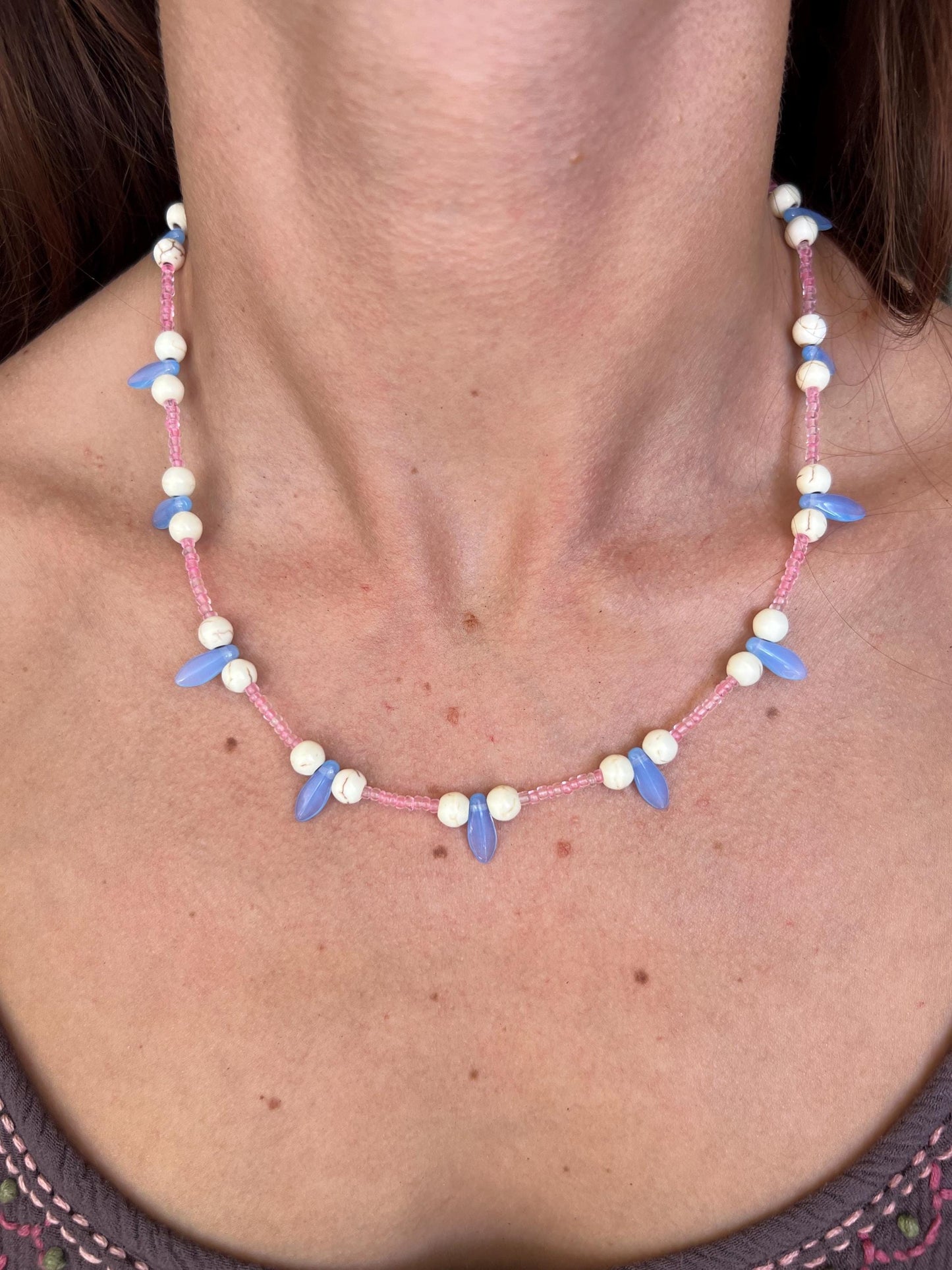 Multicolor glass bead necklace. Pink, blue, and white